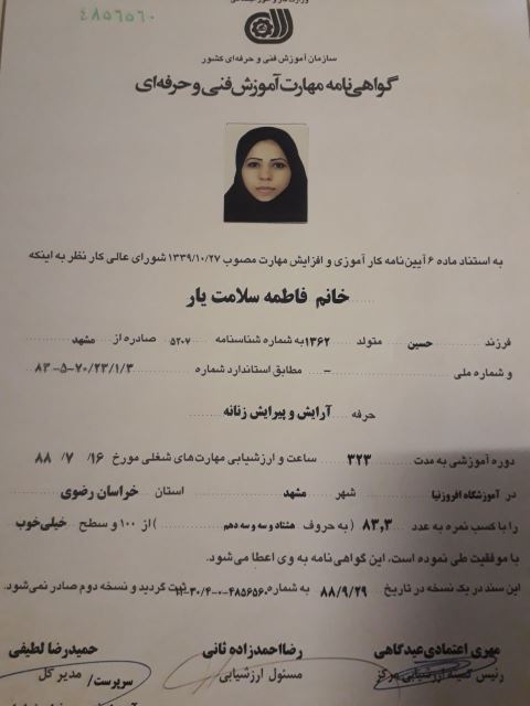 گواهی نامه مهارت آموزش فنی و حرفه ای