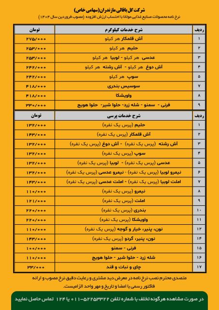 تعرفه قیمت